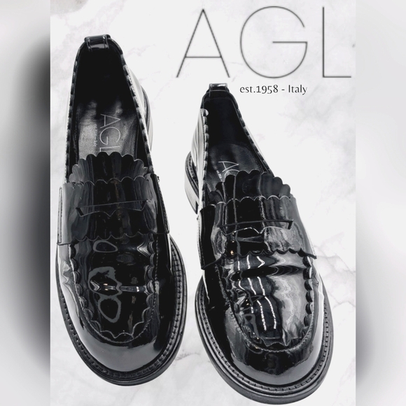 AGL Janise Italian Patent Leather Women's Size US 8.5 EU 39 Black Scallop Edge - Picture 1 of 17